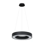 Lampa wisząca LED 40W CCT w kolorze czarnym, o okrągłym kształcie z białym pierścieniem. Zawieszona na cienkich linkach, z widocznym mocowaniem sufitowym. Prosty, nowoczesny design, idealna do wnętrz.