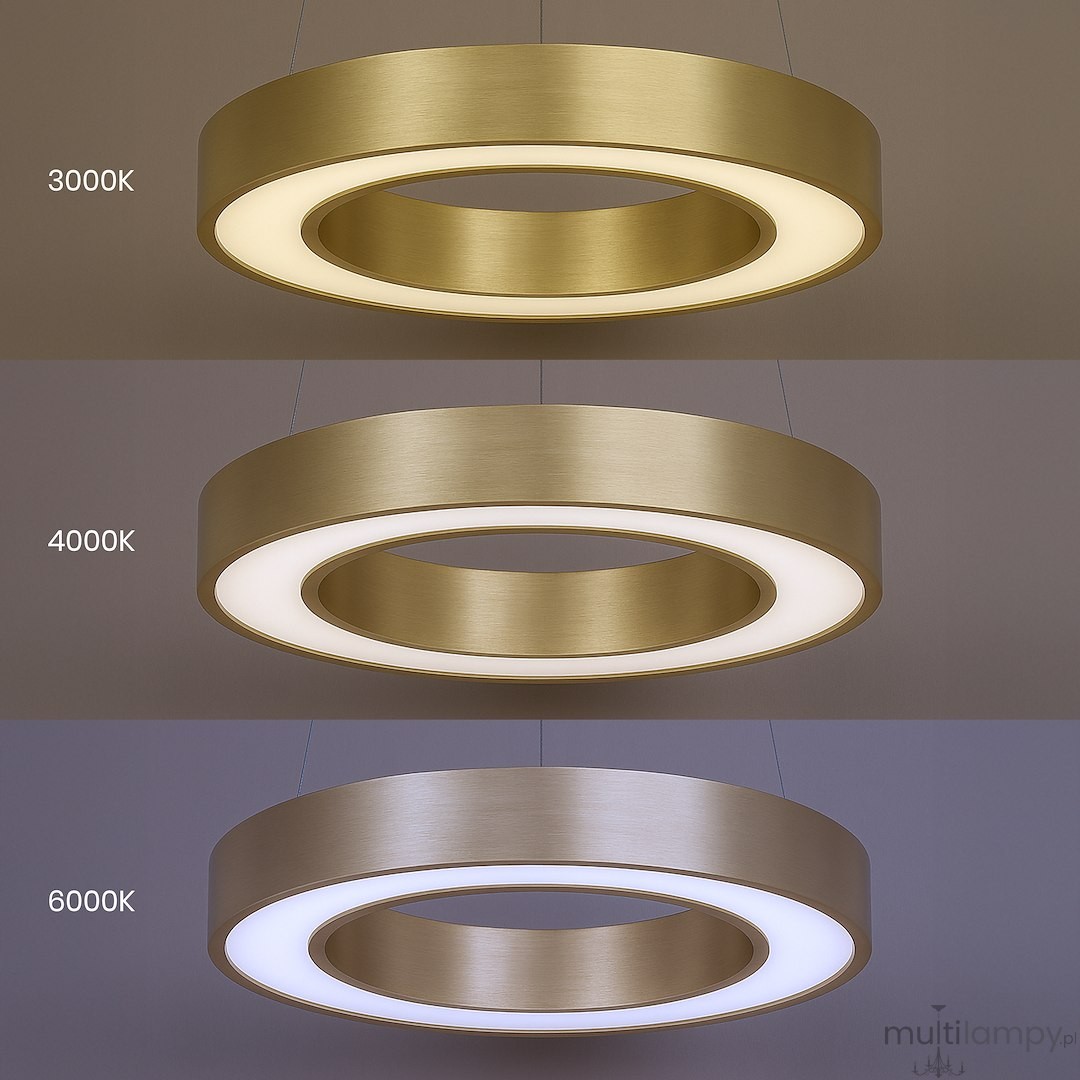 Lampa wisząca LED Union 40W CCT w kolorze złotym, o okrągłym kształcie. Przedstawiono trzy ustawienia temperatury barwowej: 3000K, 4000K i 6000K, z widocznymi detalami matowej powierzchni i wewnętrznego źródła światła.
