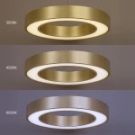 Lampa wisząca LED Union 40W CCT w kolorze złotym, o okrągłym kształcie. Przedstawiono trzy ustawienia temperatury barwowej: 3000K, 4000K i 6000K, z widocznymi detalami matowej powierzchni i wewnętrznego źródła światła.
