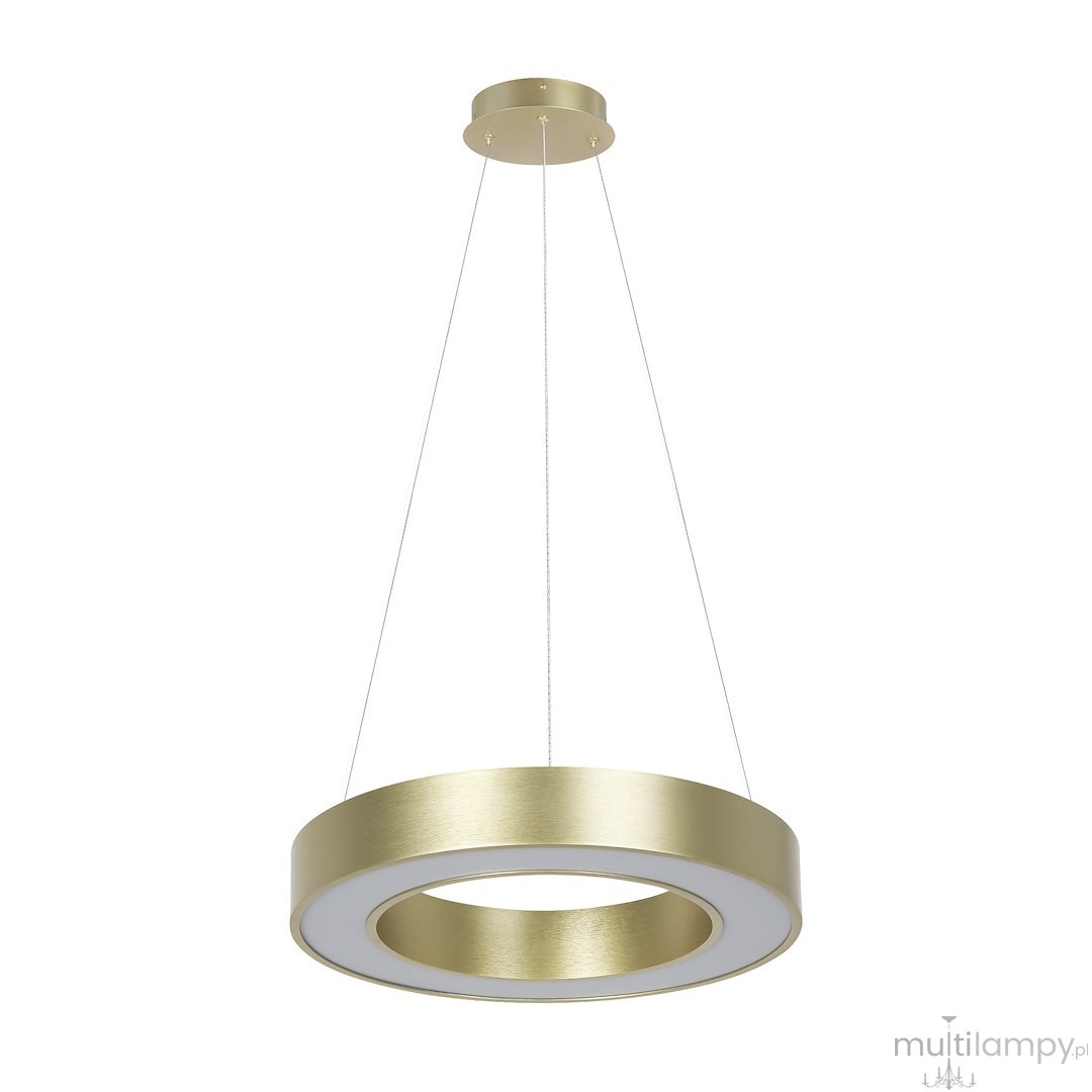 Lampa wisząca LED 40W CCT w kolorze złotym, okrągła, z matowym wykończeniem. Zawieszona na cienkich linkach, z białym kloszem w centralnej części. Ujęcie frontalne, na jednolitym, jasnym tle.