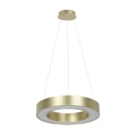 Lampa wisząca LED 40W CCT w kolorze złotym, okrągła, z matowym wykończeniem. Zawieszona na cienkich linkach, z białym kloszem w centralnej części. Ujęcie frontalne, na jednolitym, jasnym tle.
