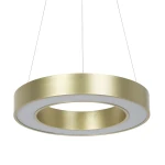 Lampa wisząca LED Union 40W CCT w kolorze złotym, okrągła z matowym wykończeniem, zawieszona na cienkich żyłkach. Wewnętrzna część biała, zewnętrzna złota. Produkt w pozycji wiszącej, ukazujący elegancki design.
