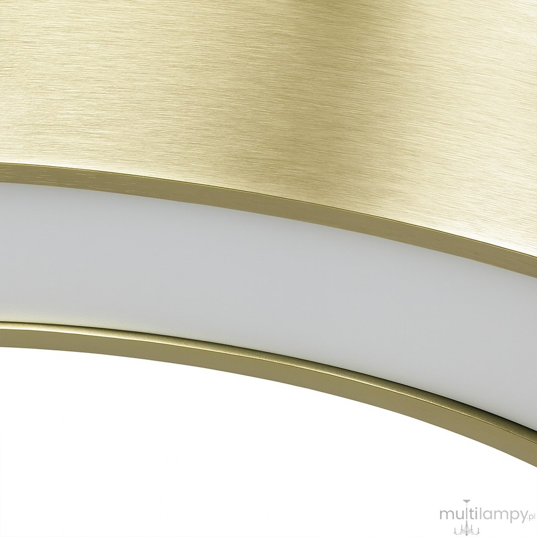 Złota lampa wisząca LED 40W CCT z matowym wykończeniem, o zaokrąglonym kształcie. Widoczna biała osłona światła, zamontowana pod kątem. Elementy metalowe o teksturze szczotkowanej, zestawione z gładkimi powierzchniami.
