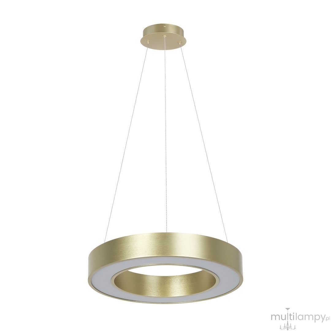 Lampa wisząca LED 40W CCT w złotym kolorze, o okrągłym kształcie z białym wnętrzem. Zawieszona na cienkich linkach, z płaskim, metalowym stelażem. Prosty design, idealna do nowoczesnych aranżacji wnętrz.