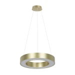 Lampa wisząca LED 40W CCT w złotym kolorze, o okrągłym kształcie z białym wnętrzem. Zawieszona na cienkich linkach, z płaskim, metalowym stelażem. Prosty design, idealna do nowoczesnych aranżacji wnętrz.