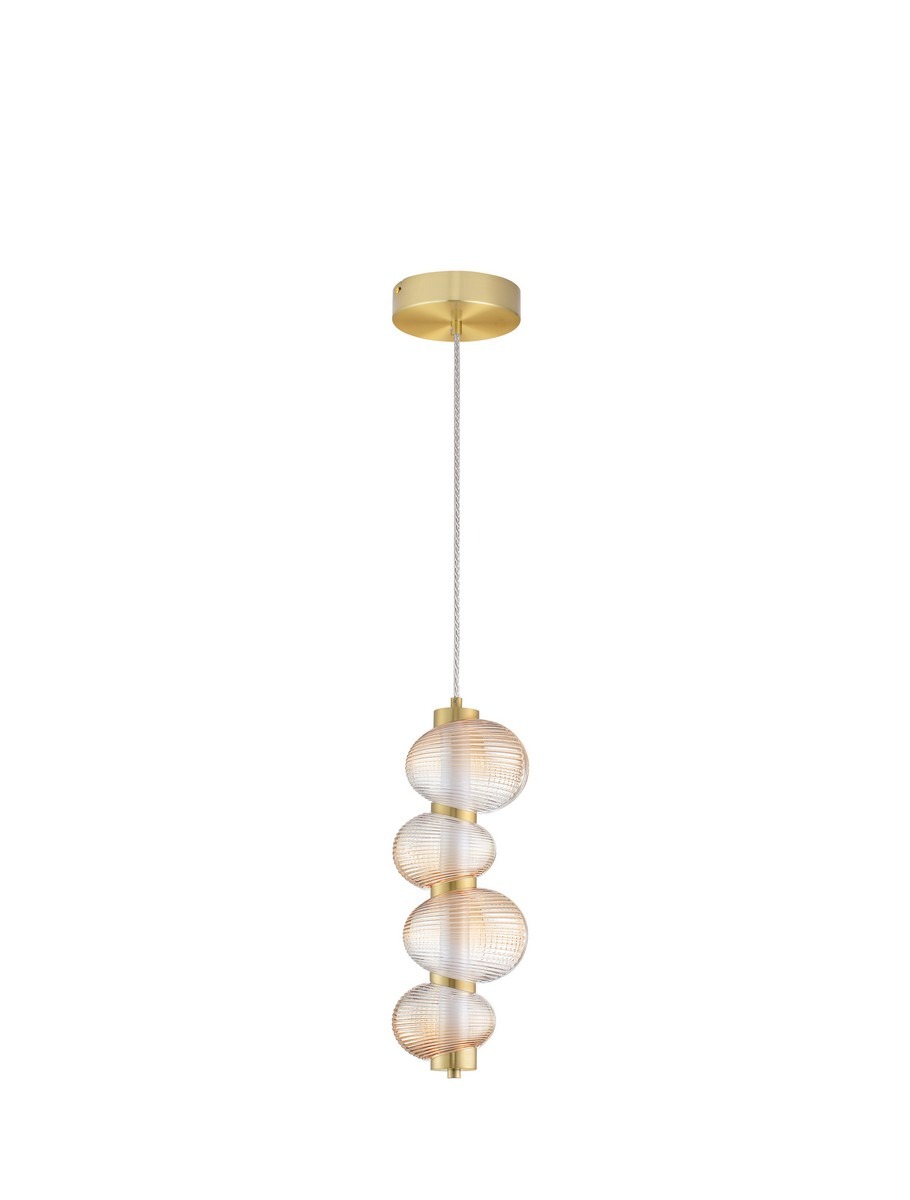 Lampa wisząca Tanvera 1xLED 15W w kolorze złotym, z czterema okrągłymi kloszami w bursztynowym odcieniu. Ujęcie z boku, zawieszona na cienkim przewodzie, z okrągłą podstawą montażową. Klosze mają teksturowaną powierzchnię.