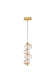 Lampa wisząca Tanvera 1xLED 15W w kolorze złotym, z czterema okrągłymi kloszami w bursztynowym odcieniu. Ujęcie z boku, zawieszona na cienkim przewodzie, z okrągłą podstawą montażową. Klosze mają teksturowaną powierzchnię.