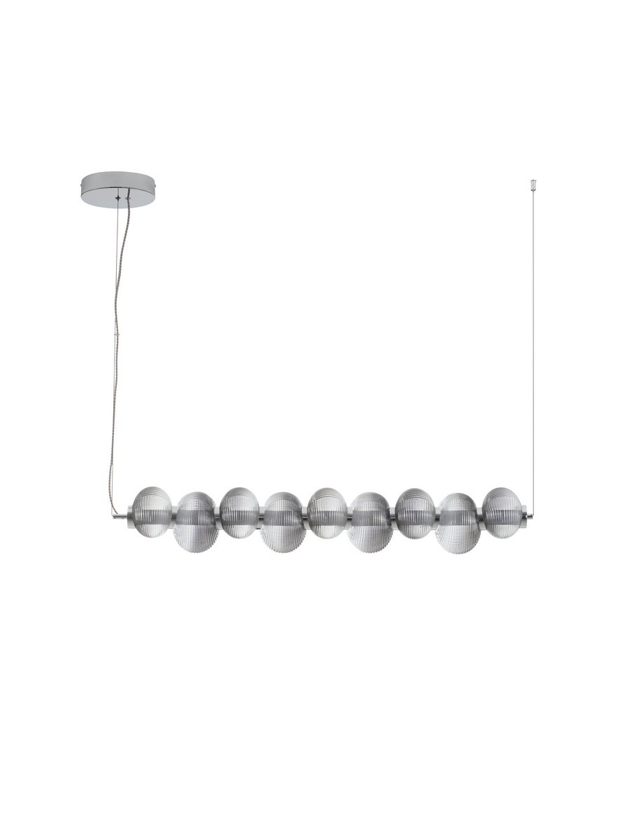 Lampa wisząca Tanvera z jedną żarówką LED 30W, chromowana, z szarymi kloszami w kształcie kul. Ujęcie frontalne, lampa zawieszona na cienkim kablu, z okrągłym mocowaniem sufitowym. Wysoka przezroczystość kloszy podkreśla nowoczesny design.
