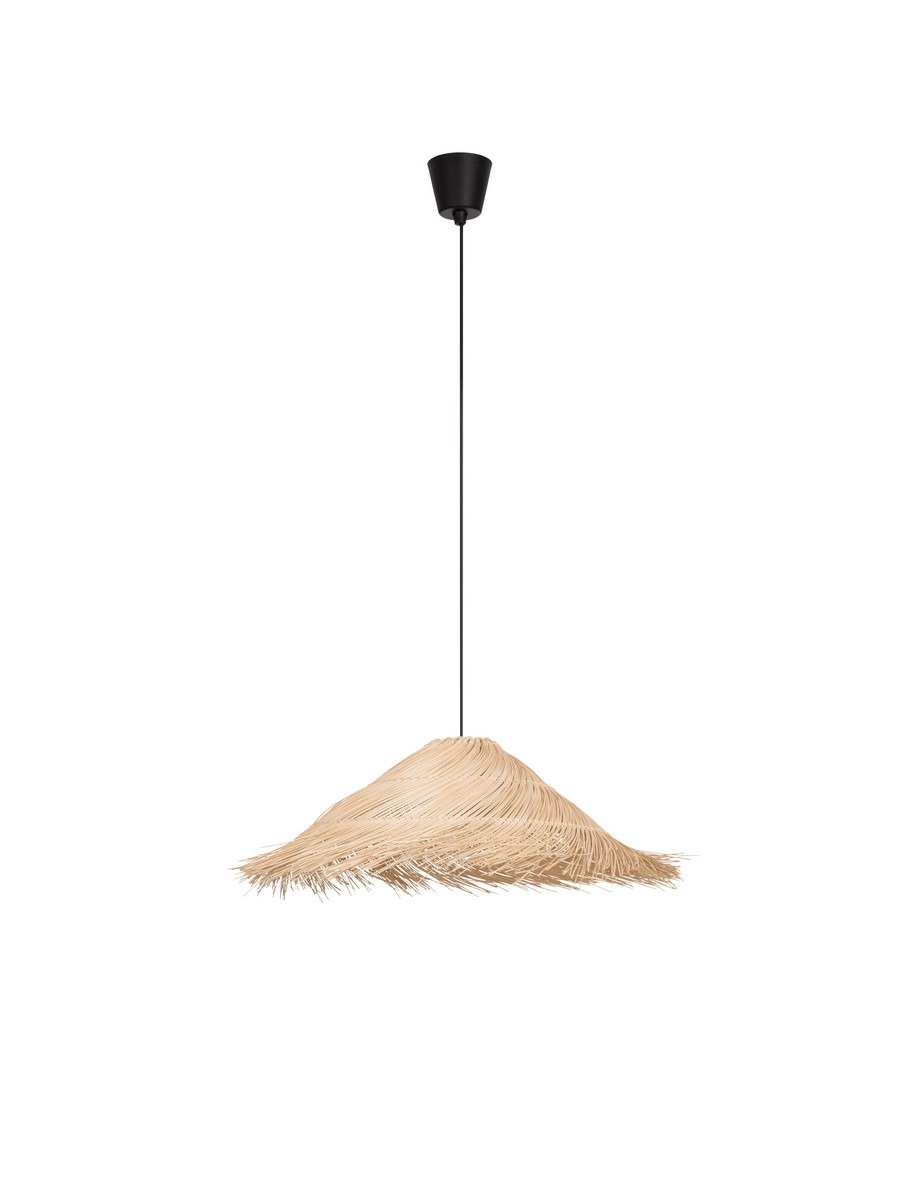 Lampa wisząca Torenla z kloszem z naturalnego rattanu w kształcie stożka, zawieszona na czarnym przewodzie. Elementy metalowe w kolorze czarnym, minimalistyczny design, idealna do nowoczesnych wnętrz.
