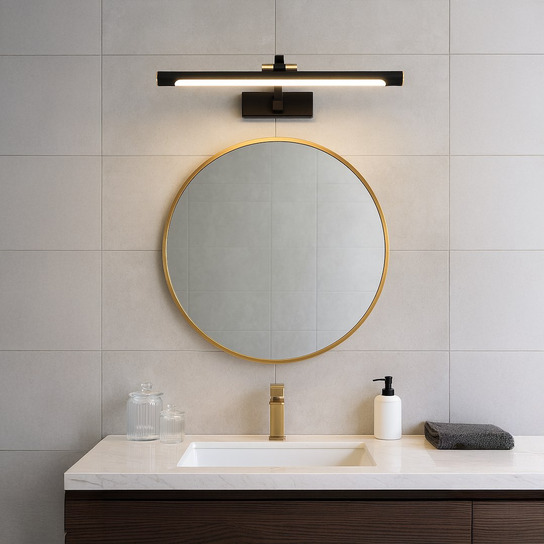 Vinci kinkiet L60 LED 15W 4000K IP44 w kolorze czarnym, zamontowany nad okrągłym lustrem z złotą ramą. Oświetlenie w minimalistycznym stylu, umieszczone na jednolitej, jasnej ścianie, w otoczeniu umywalki i akcesoriów łazienkowych.