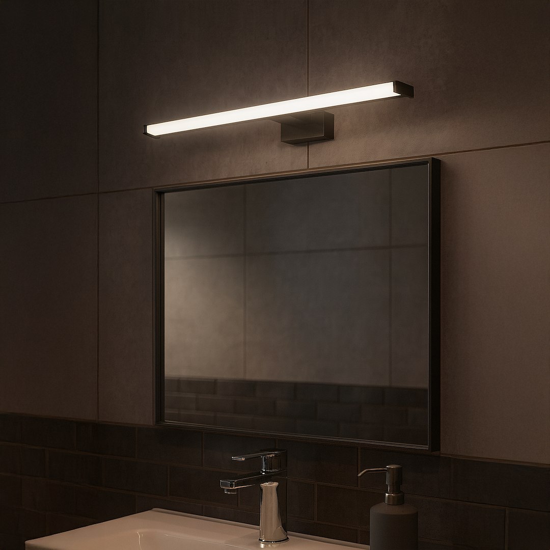 Mirore kinkiet L60 LED 10W 4000K IP44 w kolorze czarnym, zamontowany nad lustrem w łazience. Prosty, prostokątny kształt z jedną liniową lampką LED, emitującą białe światło, na tle ciemnych płytek ceramicznych.