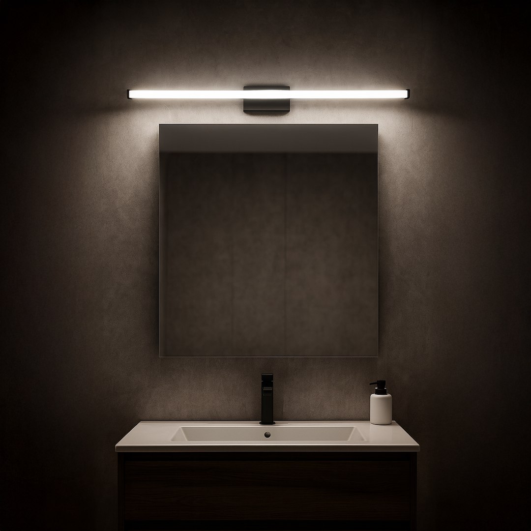 Mirore kinkiet L60 LED 10W 4000K IP44 w kolorze czarnym, zamontowany nad lustrem w łazience. Oświetlenie w formie prostokątnej listwy LED z minimalistycznym designem, emitujące neutralne światło, na tle ciemnej ściany.
