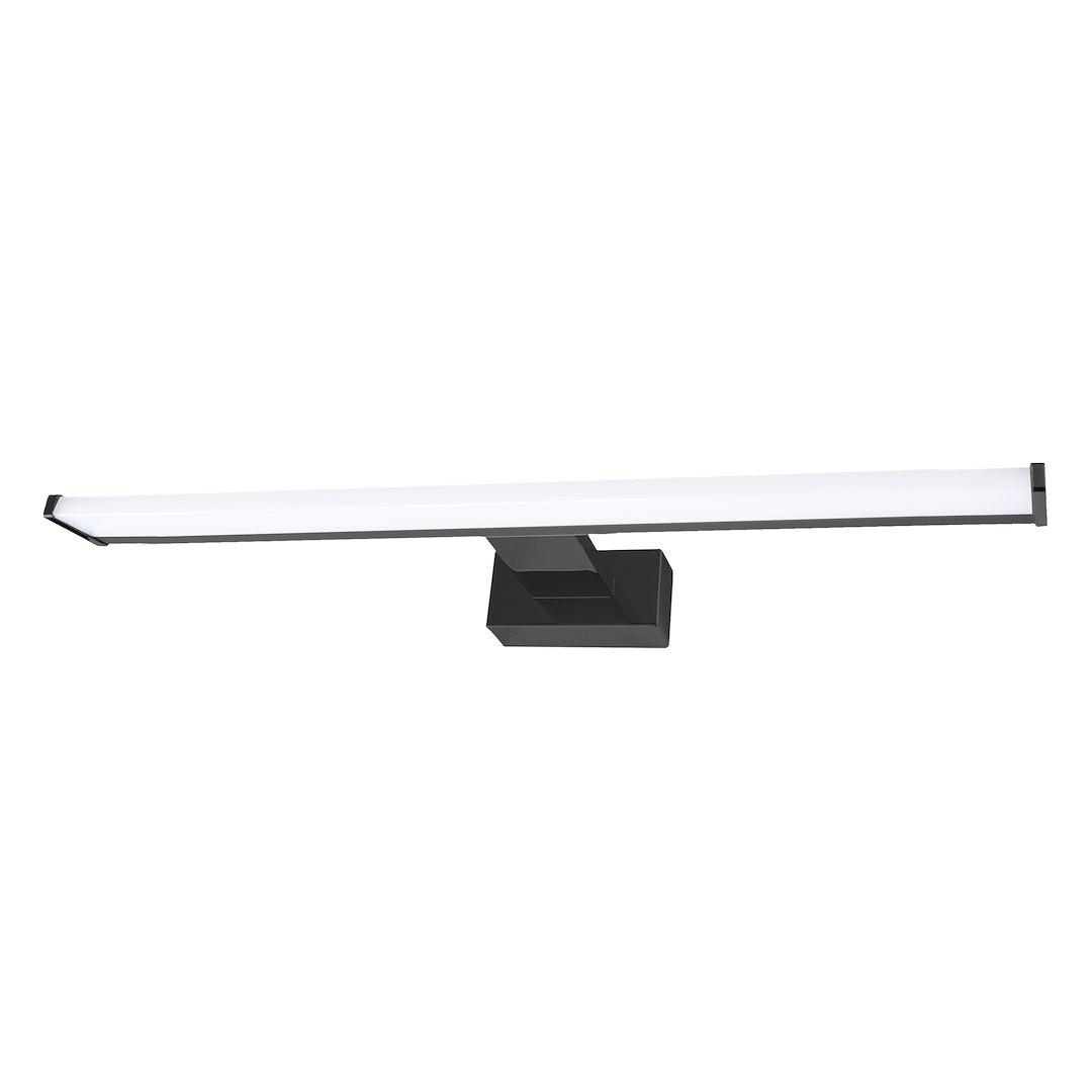 Mirore kinkiet L60 LED 10W 4000K IP44 w kolorze czarnym. Produkt ma prostokątną obudowę z matowym białym kloszem. Ujęcie frontalne, produkt zamontowany na ścianie, kąt ścięty na końcach klosza podkreślający nowoczesny design.