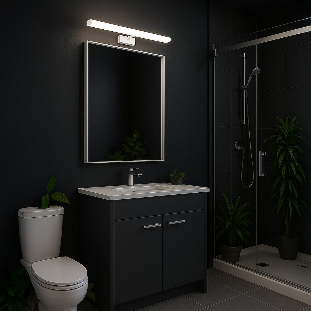 Mirore kinkiet L40 LED 8W 4000K IP44 w białej obudowie zamontowany nad lustrem w łazience, emitujący jasne światło. Tło ciemne, z nowoczesną umywalką oraz roślinami doniczkowymi w aranżacji.