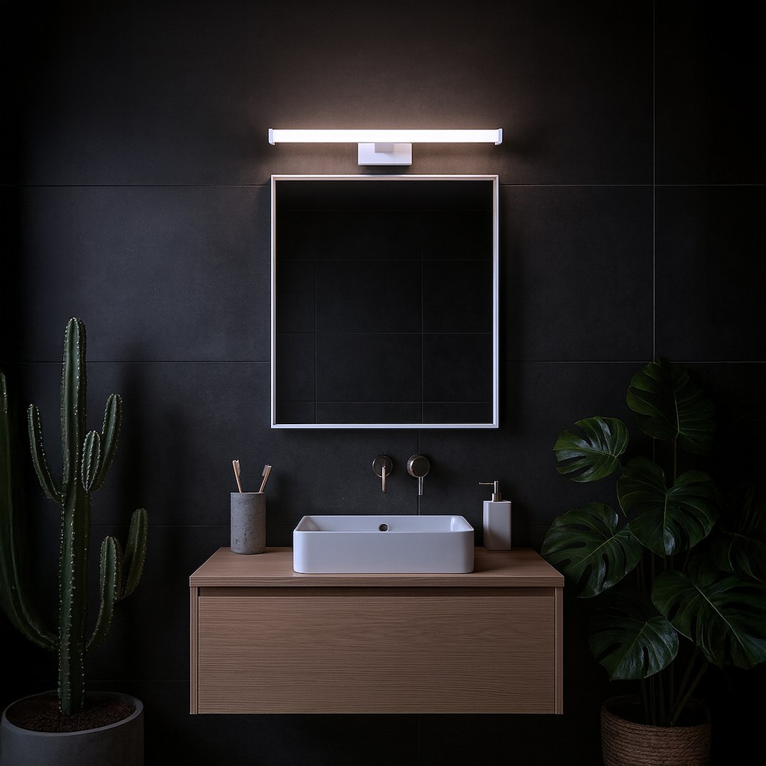 Mirore kinkiet L40 LED 8W 4000K IP44 w kolorze białym, zamontowany nad lustrem w nowoczesnej łazience. Światło LED skierowane w dół, minimalistyczny design, otoczenie w ciemnych tonach z roślinnością i drewnianą szafką.