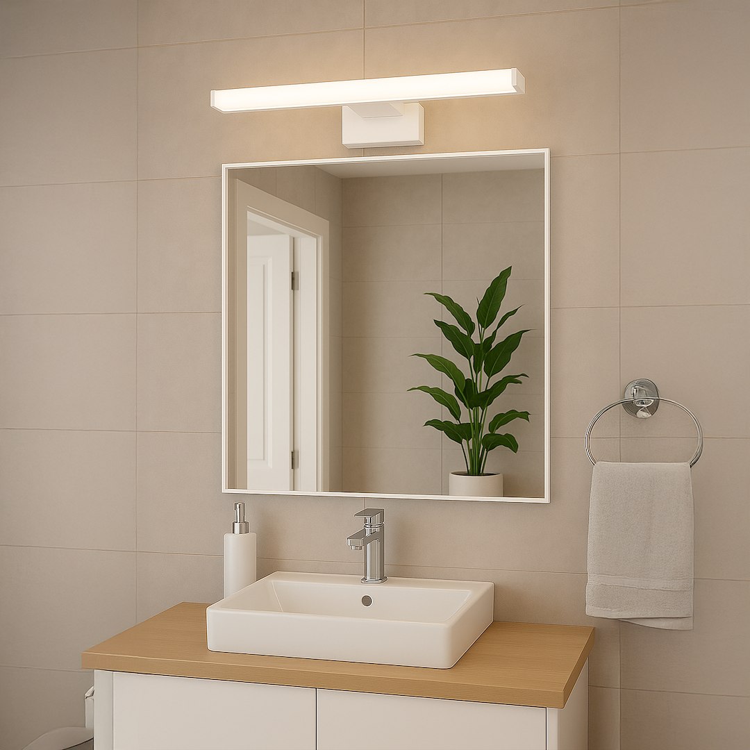 Mirore kinkiet L60 LED 10W 4000K IP44 w kolorze białym, zamontowany nad lustrem w łazience. Prosty, prostokątny kształt z dyfuzorem, emitującym neutralne światło, w towarzystwie rośliny doniczkowej i umywalki na drewnianym blacie.