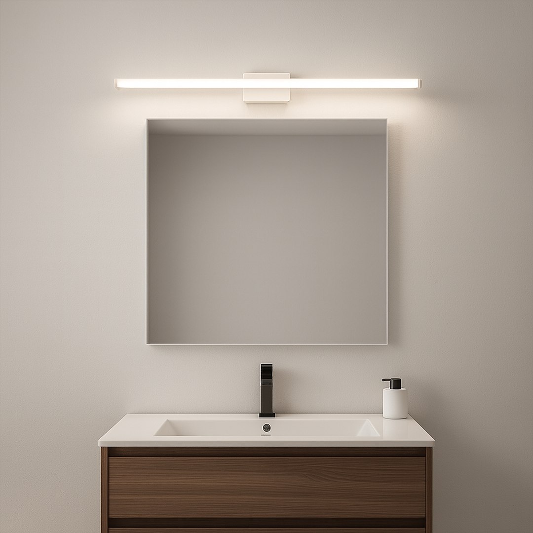 Mirore kinkiet L60 LED 10W 4000K IP44 w kolorze białym, zamontowany nad lustrem, prostokątny kształt, emitujący neutralne światło, w minimalistycznym wnętrzu łazienki z drewnianą szafką i umywalką.