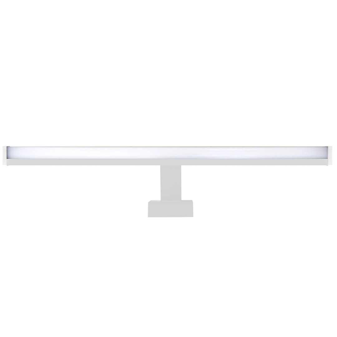 Kinkiet Mirore L60 LED 10W 4000K IP44 w kolorze białym, prostokątny, zamontowany na ścianie. Oświetlenie z białą oprawą, idealne do pomieszczeń o podwyższonej wilgotności. Bez widocznych napisów lub logo.