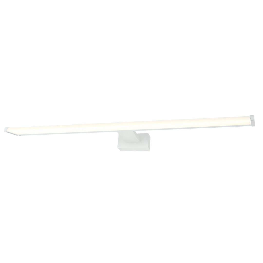Kinkiet Mirore L60 LED 10W 4000K IP44 w kolorze białym, o prostokątnym kształcie, montowany na ścianie. Źródło światła LED z białą oprawą, z eleganckim, minimalistycznym designem. Ujęcie frontalne, na jednolitym tle.