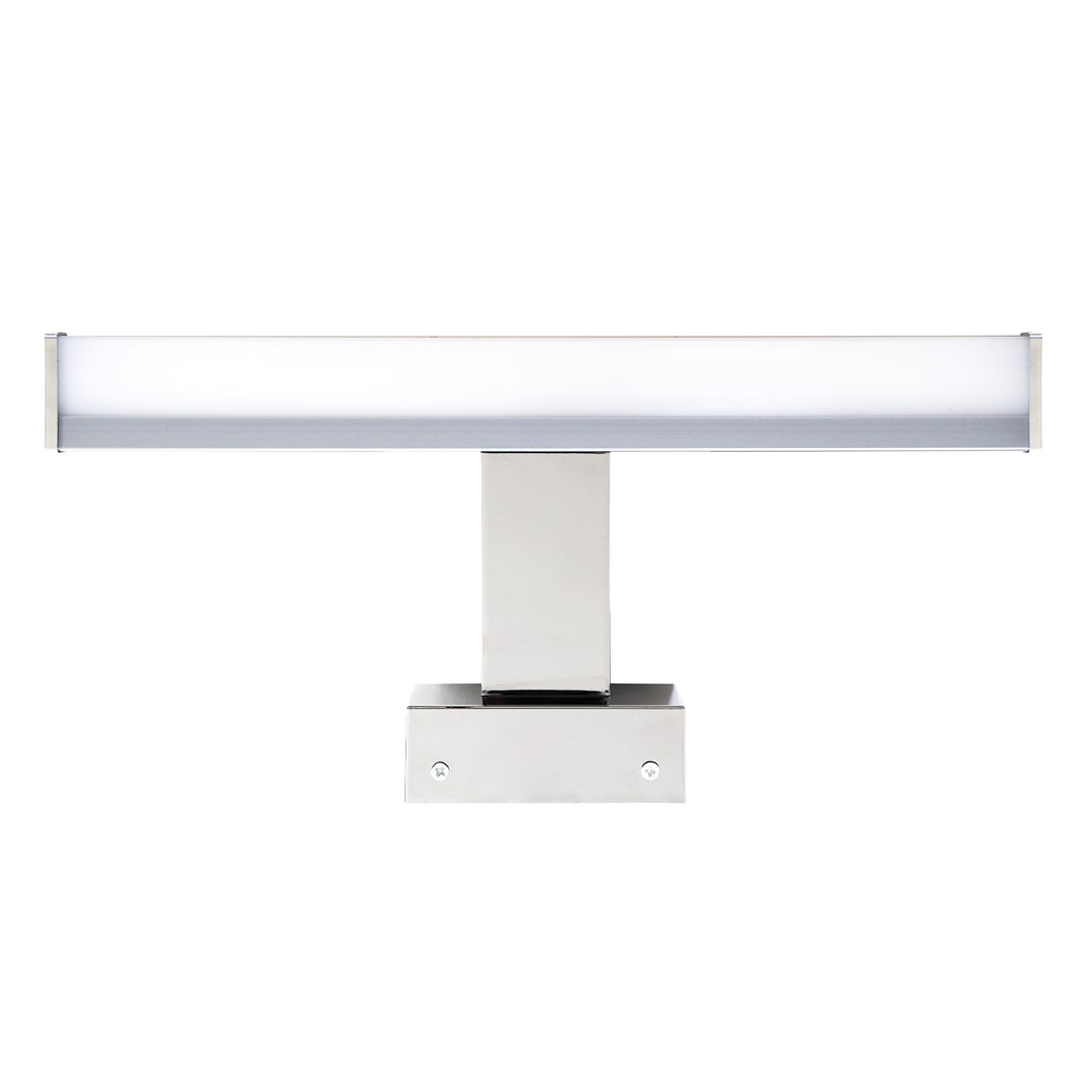Mirore kinkiet L30 LED 5W 4000K IP44 w kolorze srebrnym. Lampa ma prostokątny kształt z matowym kloszem i metalową podstawą, zamontowana w pozycji poziomej, idealna do oświetlenia wnętrz.