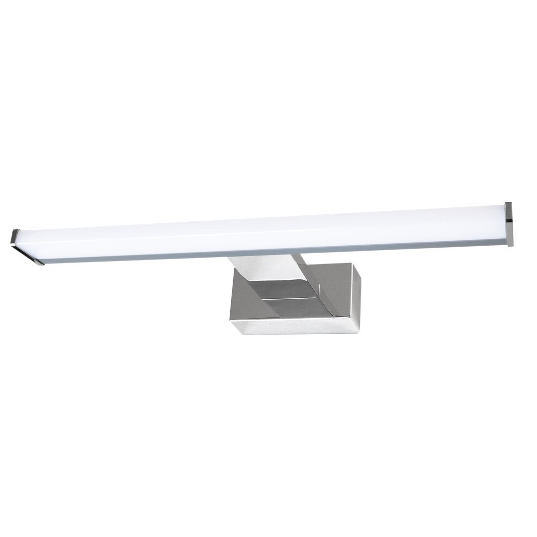 Kinkiet Mirore L30 LED 5W 4000K IP44 w srebrnej obudowie, zamontowany na ścianie, z prostokątnym, matowym kloszem, emitującym chłodne białe światło. Ujęcie z boku, pokazujące jego minimalistyczny design i kąt nachylenia.