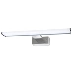 Kinkiet Mirore L30 LED 5W 4000K IP44 w srebrnej obudowie, zamontowany na ścianie, z prostokątnym, matowym kloszem, emitującym chłodne białe światło. Ujęcie z boku, pokazujące jego minimalistyczny design i kąt nachylenia.