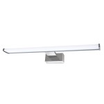 Kinkiet Mirore L40 LED 8W 4000K IP44 w kolorze srebrnym. Prosty, prostokątny kształt z matowym białym kloszem. Zamontowany na kwadratowej podstawie, z widoczną strukturą materiału. Oświetlenie idealne do łazienek lub przestrzeni roboczych.