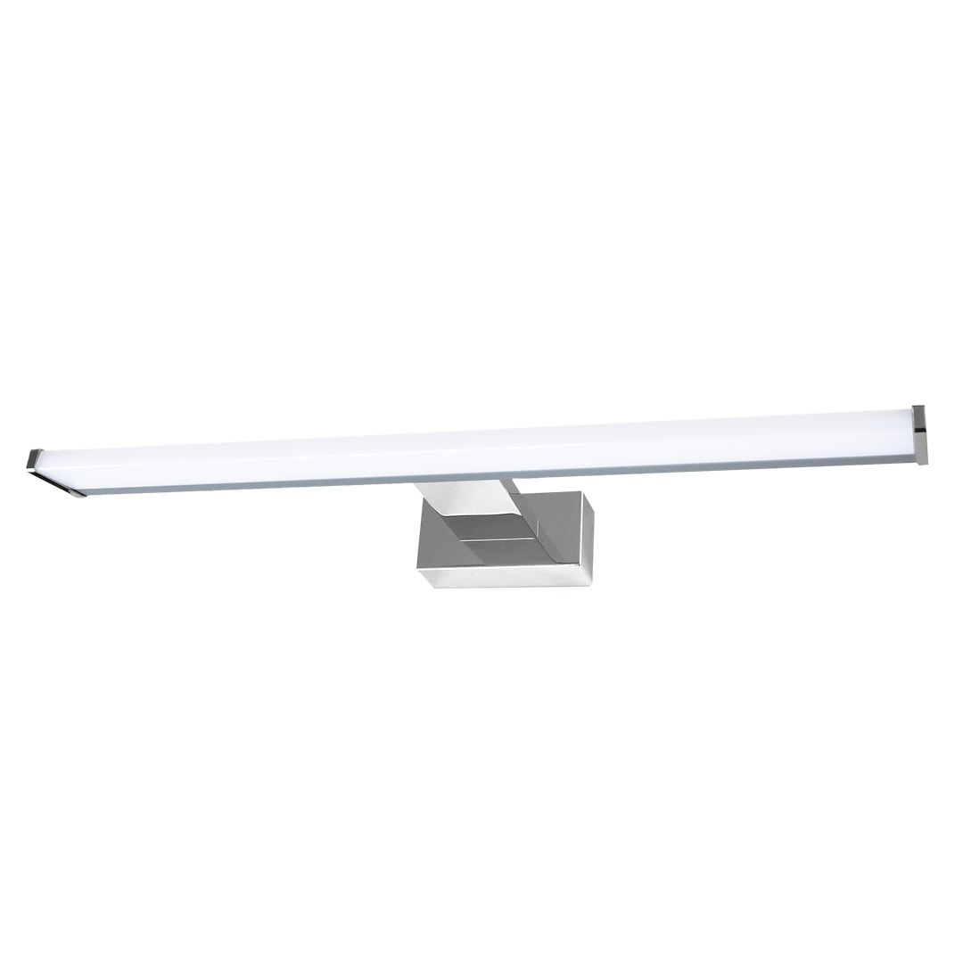 Mirore kinkiet L40 LED 8W 4000K IP44 w kolorze srebrnym, o prostokątnym kształcie. Ujęcie frontalne, kinkiet zamontowany na ścianie, z białym, matowym kloszem, emitującym neutralne światło. Idealny do łazienek lub przestrzeni o podwyższonej wilgotności.