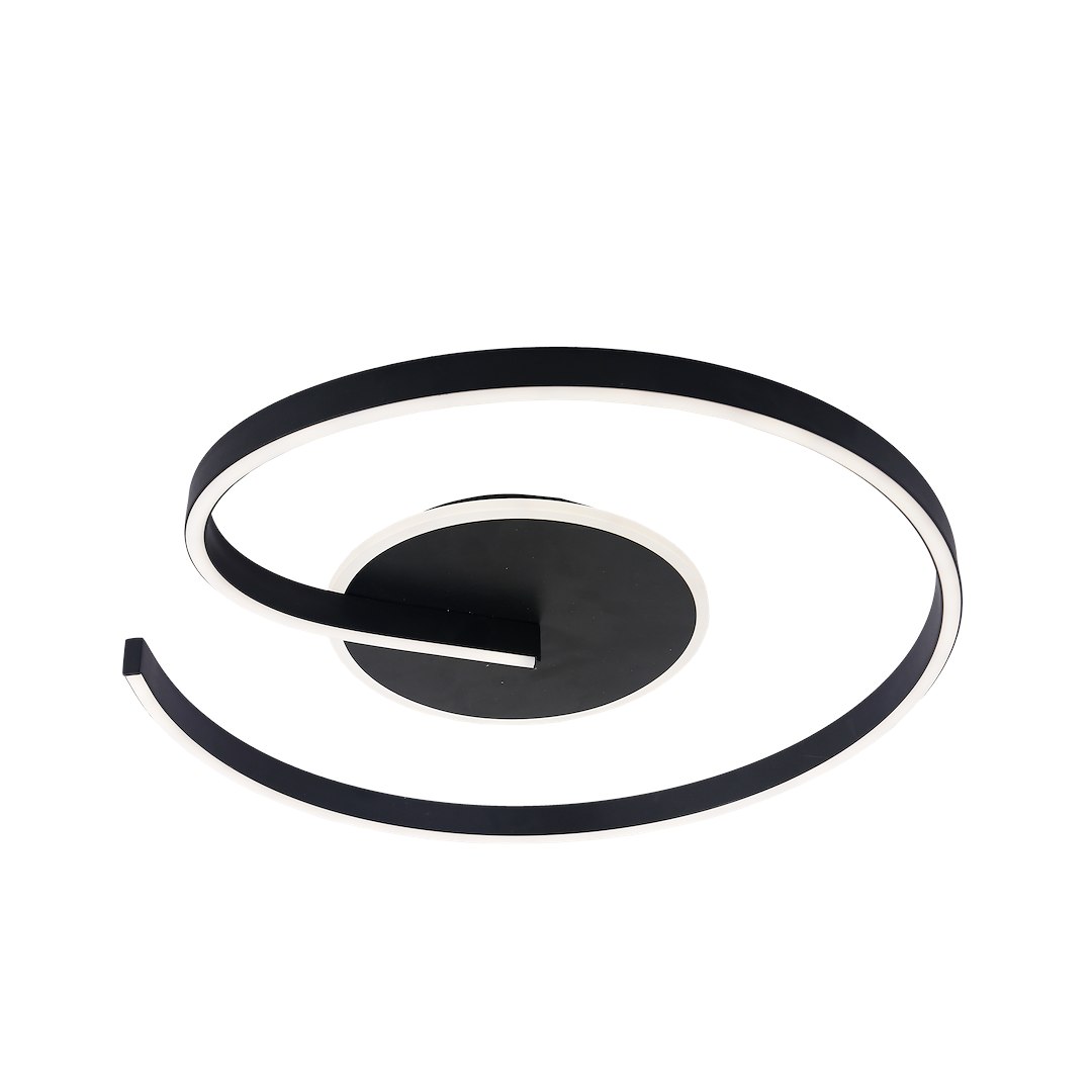 Lampa sufitowa LED Lorenzo 22W 4000K w kolorze czarnym, z dynamicznym, spiralnym kształtem. Widoczna okrągła podstawa i dwa poziome pasy światła. Ujęcie z góry, pokazujące detale konstrukcji i połączenia.