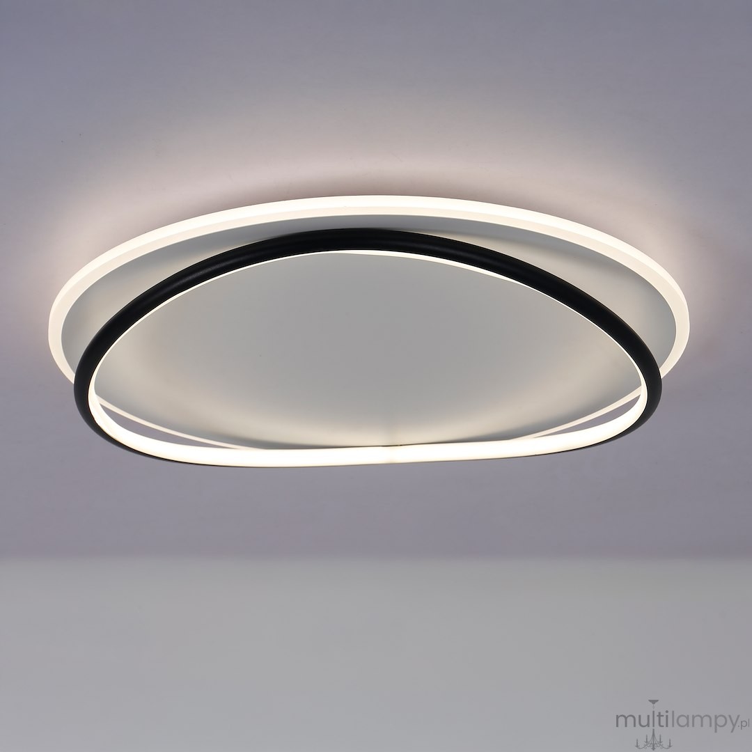 Czarna i biała lampa sufitowa LED o mocy 38W i temperaturze barwowej 4000K, o zaokrąglonym kształcie z wykończeniem w stylu minimalistycznym. Ujęcie z dołu, pokazujące podwójny pierścień świetlny.