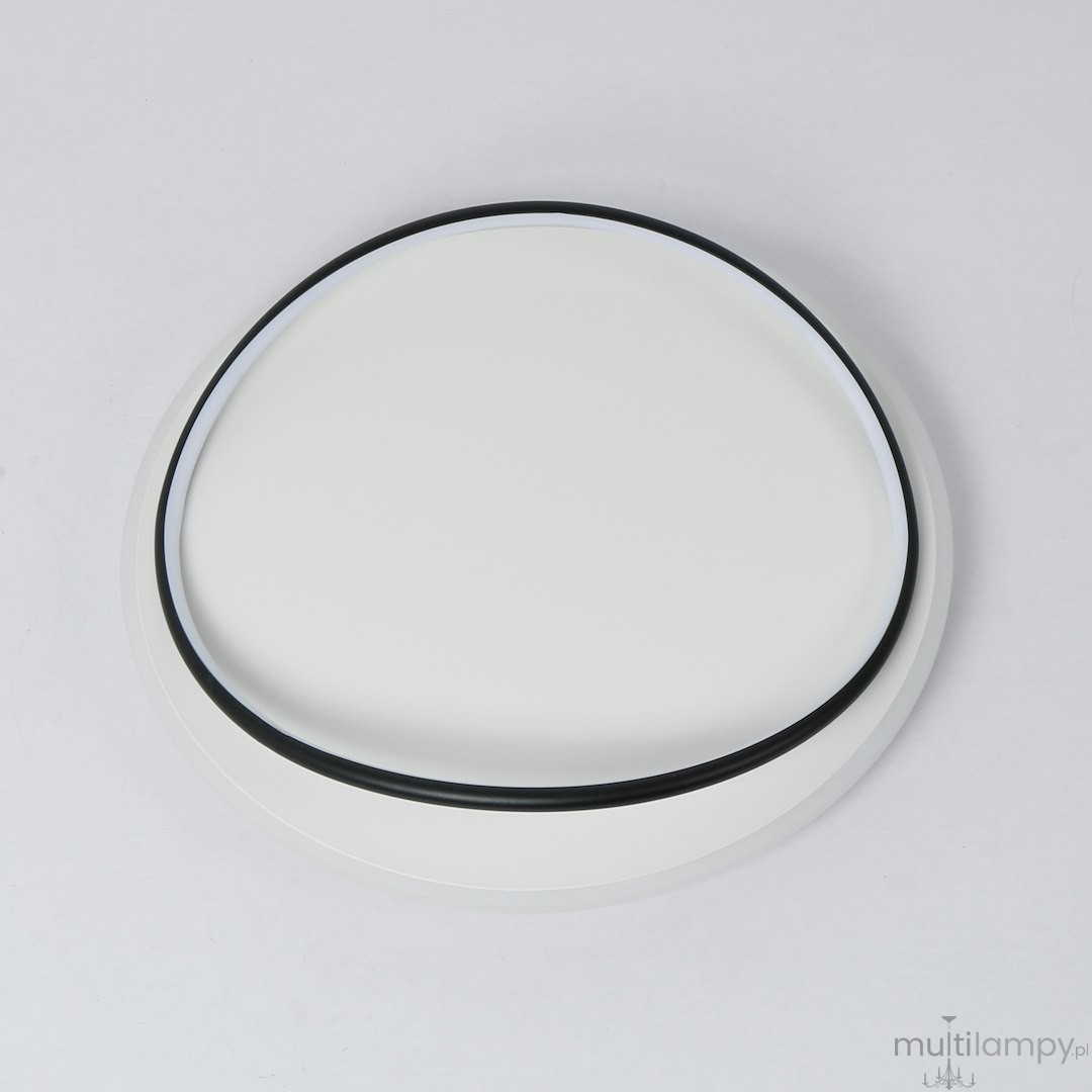 Lampa sufitowa LED Halo o mocy 38W w kolorze czarno-białym, okrągła, z gładką białą powierzchnią i czarną obręczą. Ujęcie z góry, ukazujące prostą formę i delikatny design. Idealna do nowoczesnych wnętrz.