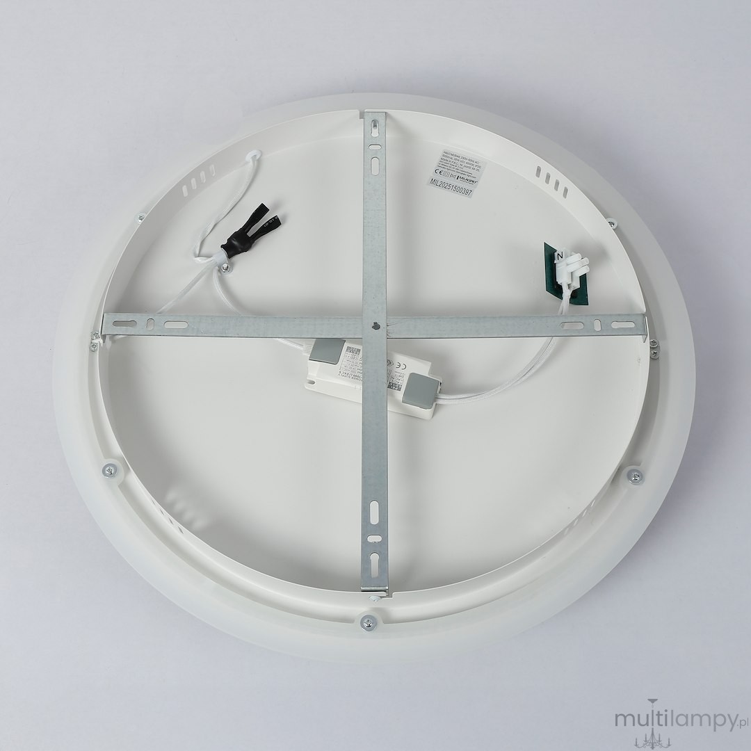 Lampa sufitowa LED Halo 38W 4000K w kolorze czarnym i białym, widok od spodu. Metalowa konstrukcja z zamocowanym zasilaczem, widoczne okablowanie i elementy mocujące. Okrągły kształt z białą, matową osłoną.