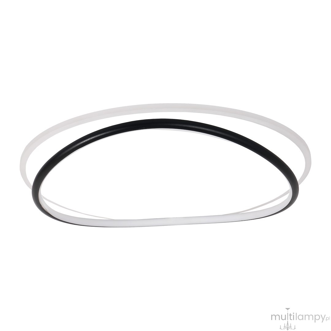 Lampa sufitowa LED Halo w kolorze czarnym i białym o mocy 38W i temperaturze barwowej 4000K. Posiada dwa okręgi, jeden czarny, drugi transparentny, ułożone w sposób nowoczesny, z widocznymi krawędziami.