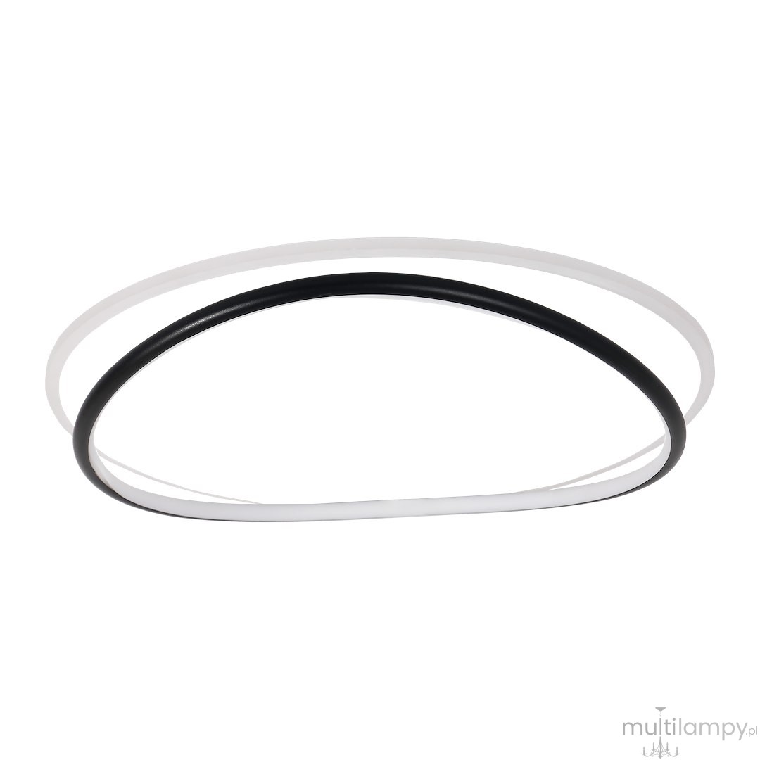 Lampa sufitowa LED Halo 38W 4000K w kolorze czarnym i białym. Okrągły kształt, złożona z dwóch eliptycznych pierścieni, jeden czarny, drugi biały. Produkt zawieszony w pozycji poziomej na jednolitym tle.