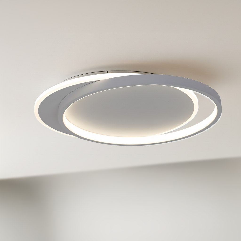 Lampa sufitowa LED Cordoba 30W 4000K w kolorze białym, o okrągłym kształcie, zawieszona na suficie. Ma dwie koncentryczne obręcze z subtelnym podświetleniem, idealna do nowoczesnych wnętrz.