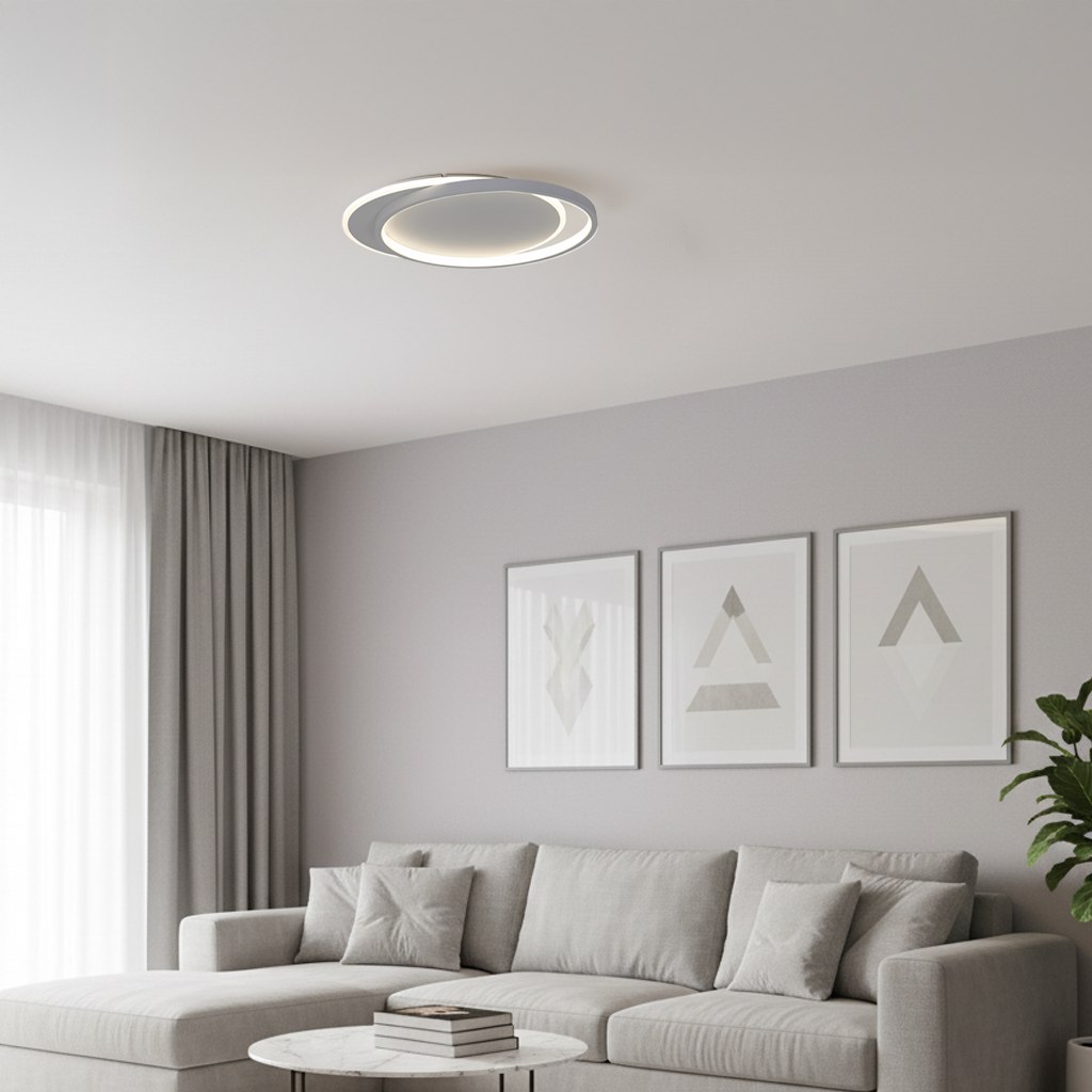 Lampa sufitowa LED Cordoba 30W, kolor biały, okrągła konstrukcja z podświetleniem, zamontowana na suficie. W tle widoczny jasny salon z szaro-beżową sofą i minimalistycznymi obrazami na ścianie.
