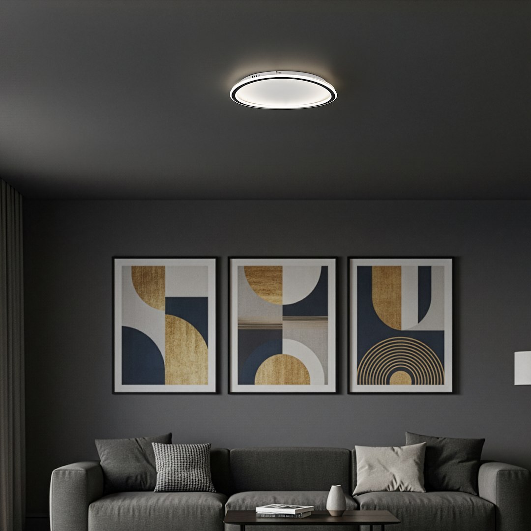 Cali Round lampa sufitowa LED 30W 4000K w kolorze czarnym i białym, okrągła, zamontowana na suficie. Oświetlenie znajduje się w nowoczesnym wnętrzu z szarymi ścianami, kanapą i dekoracyjnymi obrazami.