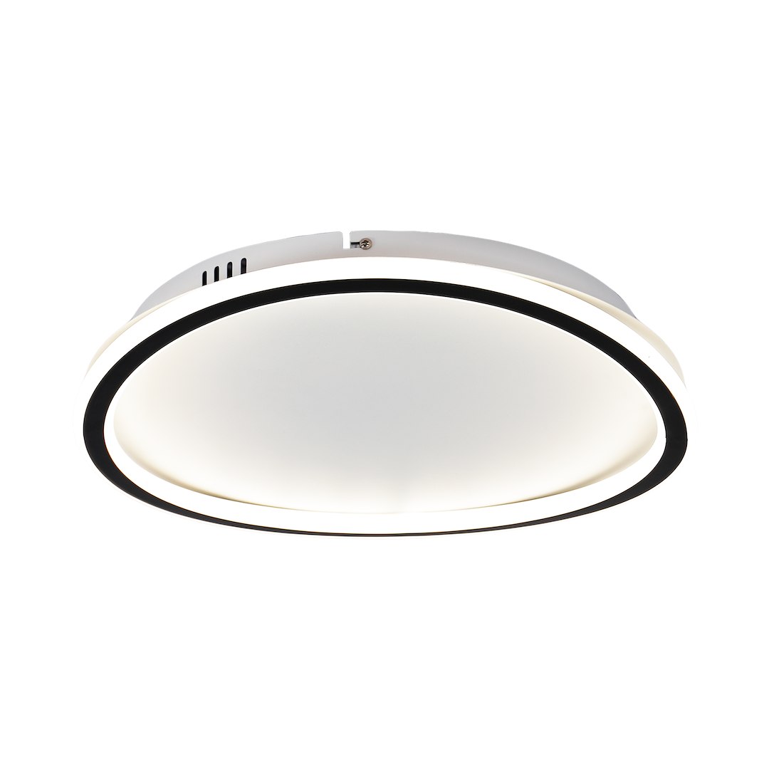 Cali Round lampa sufitowa LED 30W 4000K w kolorze czarnym i białym, okrągła, z białą oprawą i czarnym obrzeżem. Widok z dołu, montowana na suficie, z lekkim podświetleniem, nowoczesny design.