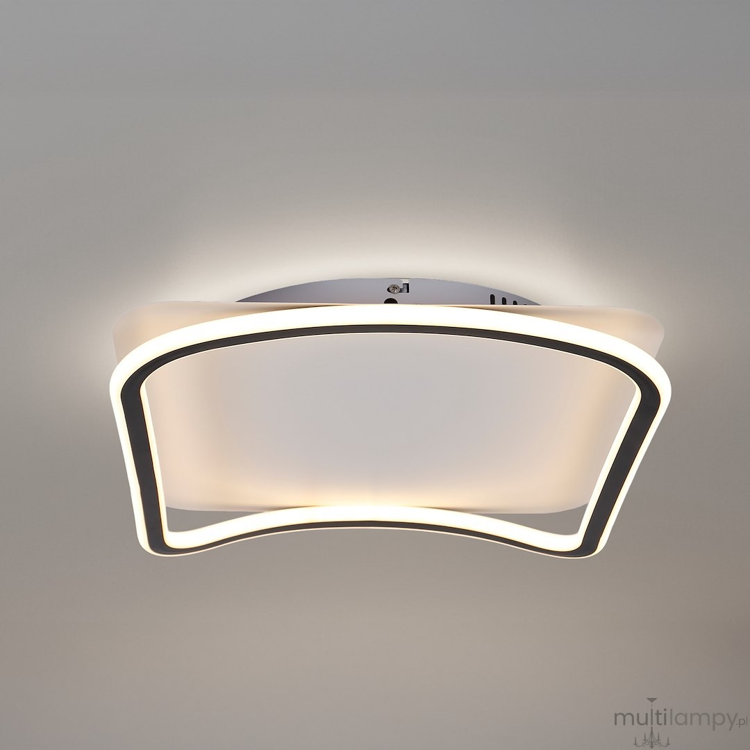 Cali Square lampa sufitowa LED 30W 4000K w kolorze czarnym i białym. Okrągła, matowa osłona z delikatnym podświetleniem. Montaż sufitowy, widok z dołu, kształt z zaokrąglonymi krawędziami. Idealna do nowoczesnych wnętrz.