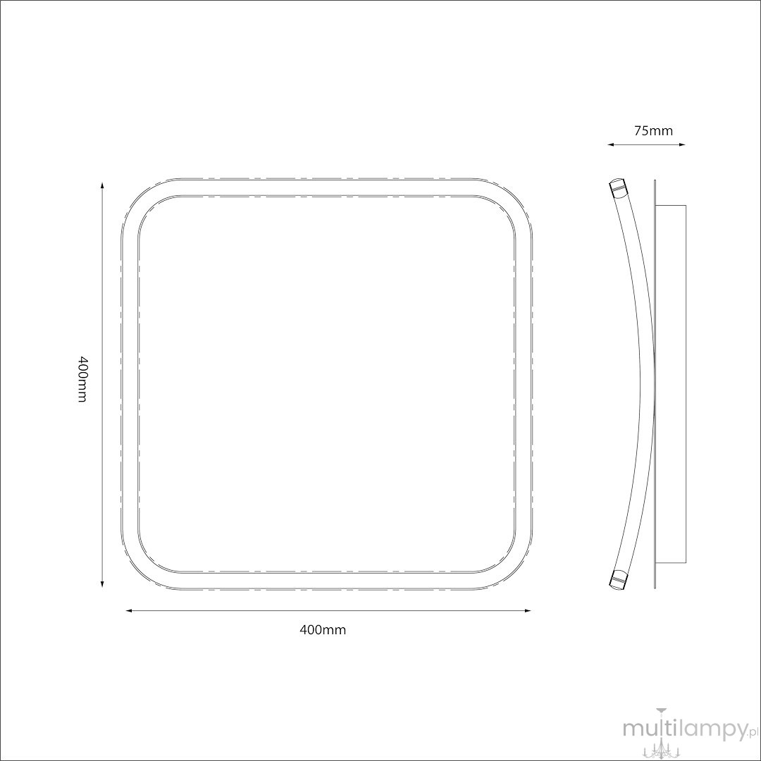 Cali Square lampa sufitowa LED 30W 4000K w kolorze czarnym i białym, kwadratowa, o wymiarach 400mm x 400mm x 75mm, z zaokrąglonymi krawędziami, przeznaczona do montażu sufitowego.