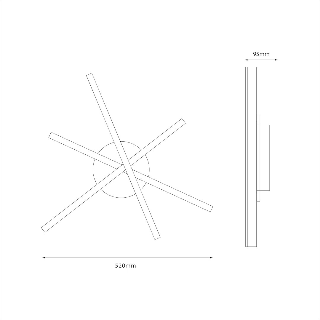 Czarna lampa sufitowa LED 12W o temperaturze barwowej 4000K. Wyposażona w pięć prostokątnych elementów świetlnych, okrągła podstawa, wymiary 520mm x 95mm. Ułożona w płaszczyźnie poziomej, z minimalistycznym designem.
