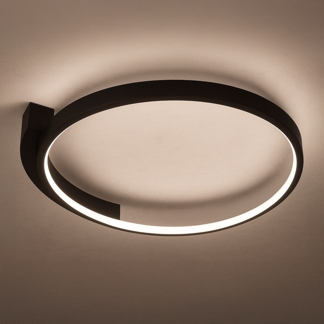 Lampa sufitowa LED Luna 18W 4000K w kolorze czarnym, w kształcie okręgu z subtelnym, wewnętrznym oświetleniem. Montowana na suficie, z minimalistycznym designem, idealna do nowoczesnych wnętrz.