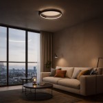 Czarna lampa sufitowa LED Luna o mocy 18W i temperaturze barwowej 4000K, zamontowana na suficie, emitująca miękkie światło w nowoczesnym wnętrzu z sofą i oknem z widokiem na miasto.