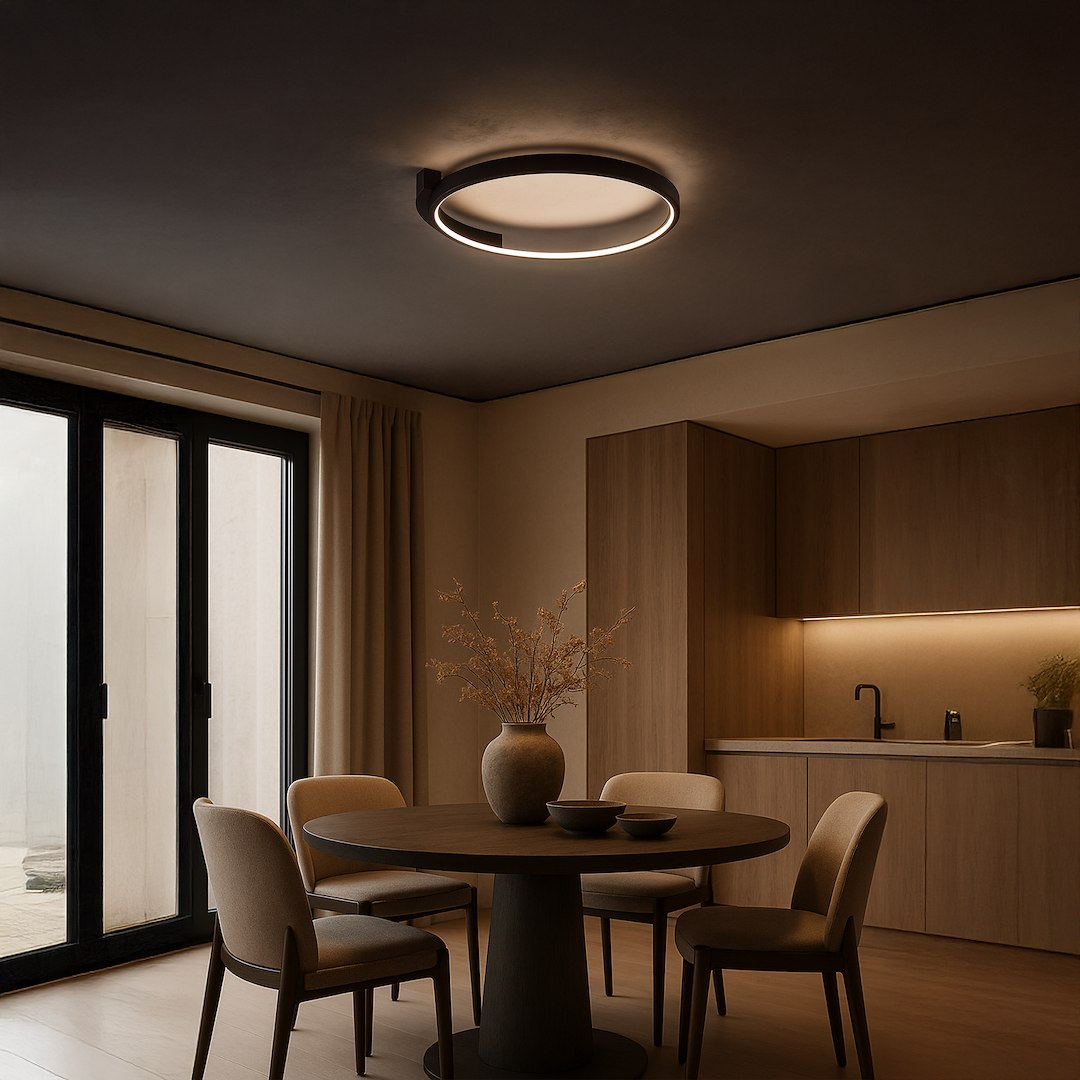 Czarna lampa sufitowa LED Luna o mocy 18W i temperaturze barwowej 4000K, zamontowana na suficie w nowoczesnej kuchni. Okrągły kształt z delikatnym podświetleniem, otoczona drewnianymi meblami i jasnym wnętrzem.
