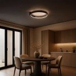 Czarna lampa sufitowa LED Luna o mocy 18W i temperaturze barwowej 4000K, zamontowana na suficie w nowoczesnej kuchni. Okrągły kształt z delikatnym podświetleniem, otoczona drewnianymi meblami i jasnym wnętrzem.