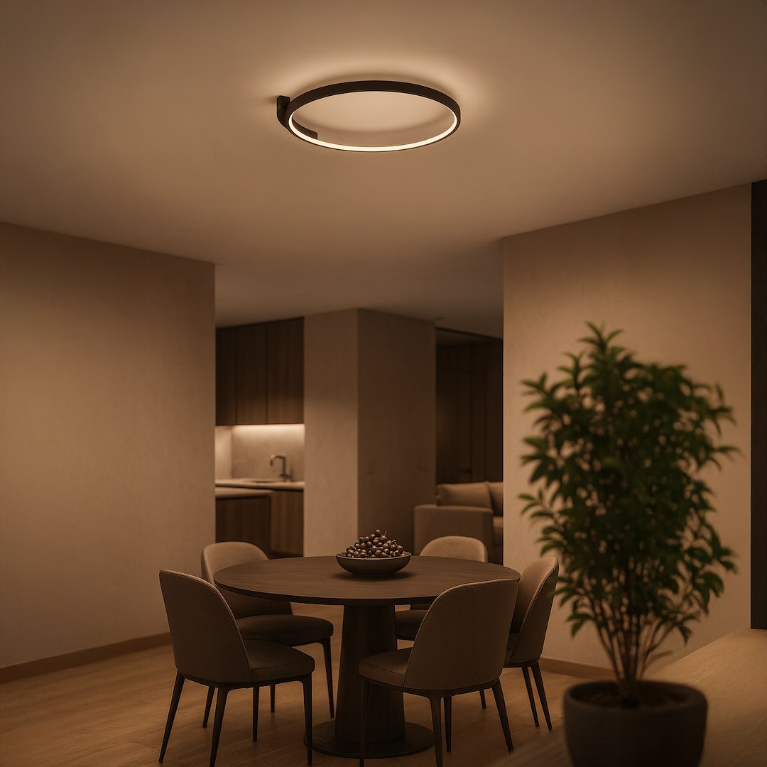 Czarna lampa sufitowa LED 18W o okrągłym kształcie z ciepłym światłem 4000K, zamontowana na suficie, oświetlająca stół w eleganckim wnętrzu z drewnianą podłogą i rośliną w doniczce w tle.