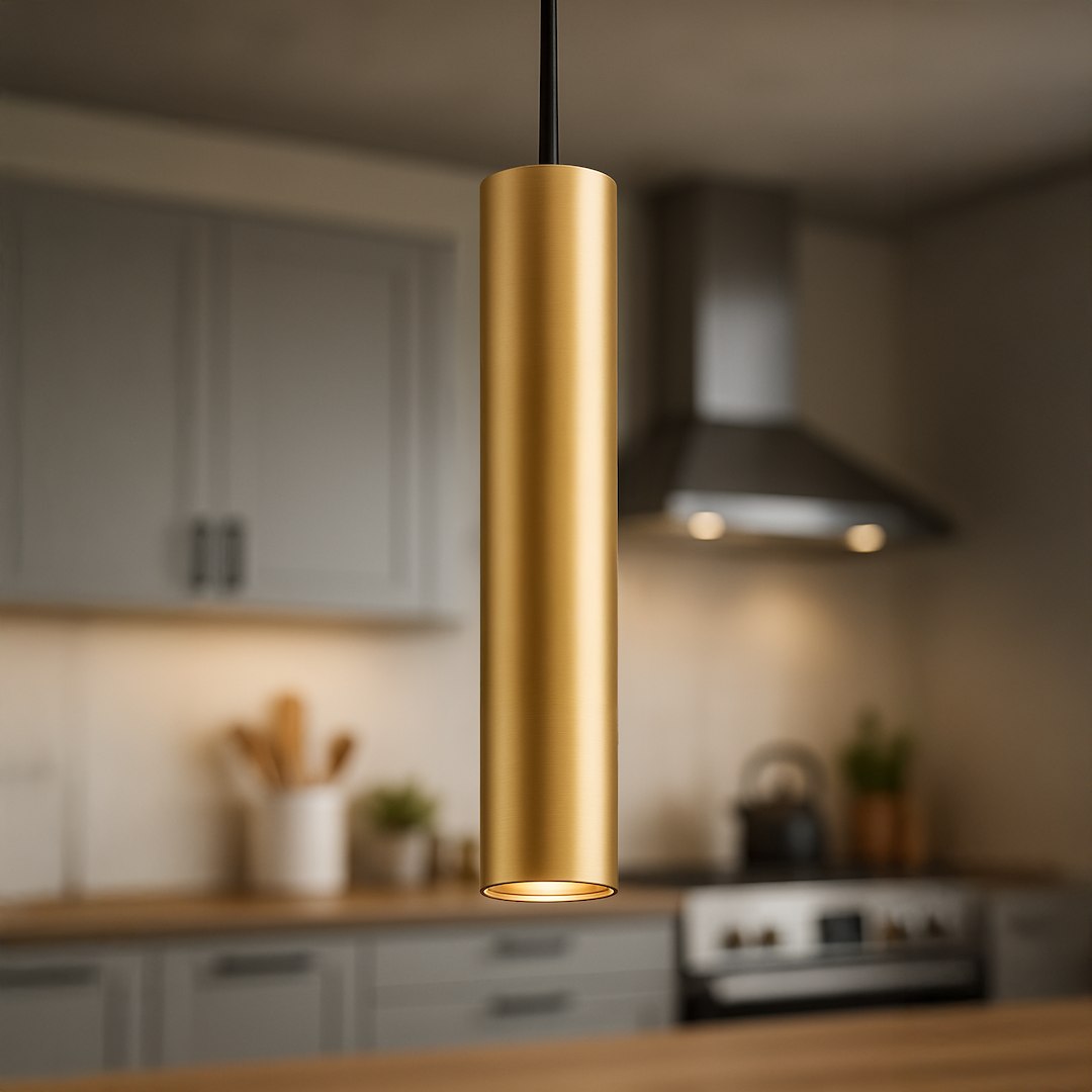Lampa wisząca Genesis 1xGU10 w kolorze czarnym i złotym, o cylindrycznym kształcie. Zawieszona na czarnym kablu, z widocznym złotym kloszem. Tło przedstawia nowoczesną kuchnię z szarymi meblami i akcesoriami.