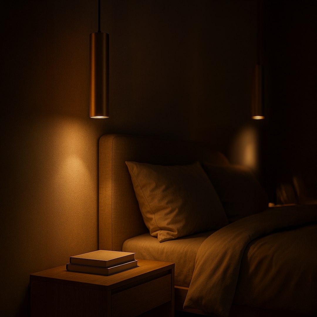 Lampa wisząca Genesis 1xGU10 w kolorze czarnym i złotym, o cylindrycznym kształcie, zawieszona nad łóżkiem. Widoczna miękka pościel i drewniana szafka nocna z książkami. Ciepłe światło tworzy przytulną atmosferę.