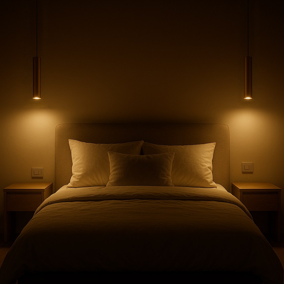 Lampa wisząca Genesis 1xGU10 w kolorze czarnym i złotym, zawieszona nad łóżkiem. Widoczna w ciemnym otoczeniu, z ciepłym światłem, podkreślającym minimalistyczny design. Wysoka, cylindryczna forma lampy, wisi po obu stronach łóżka.
