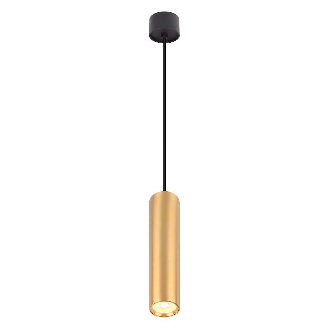 Lampa wisząca Genesis 1xGU10 w kolorze czarnym i złotym, w formie prostego cylindrycznego klosza zawieszonego na cienkim przewodzie. Klosz wykonany z matowego metalu, umieszczony na czarnym mocowaniu sufitowym.
